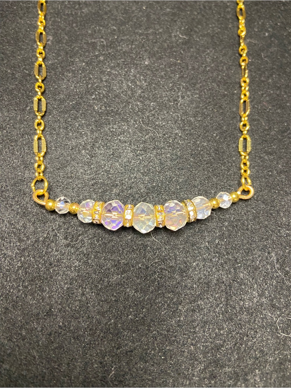 Gold-Tone Crystal Bead Necklace with Iridescent White Beads